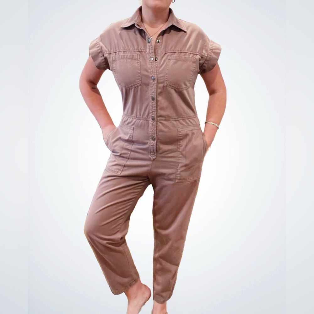 Pistola Naomi Cap Sleeve Jumpsuit in Tab with Silver Buttons